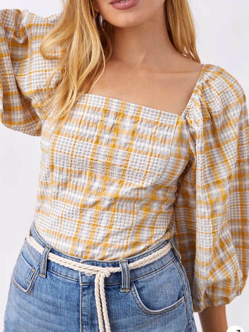 Anthropologie Plaid Square-Neck Puff Sleeve Top Yellow Gray White